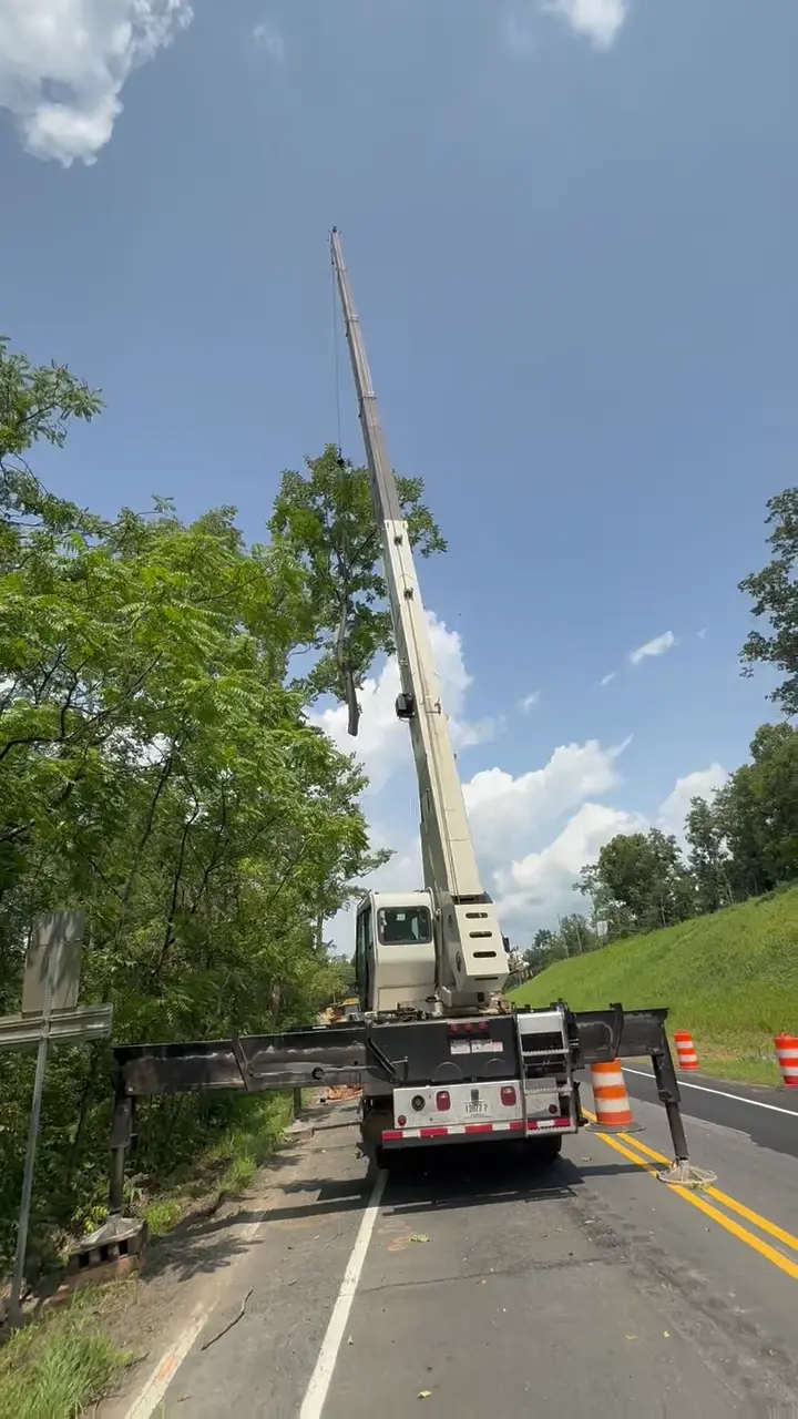 Crane positioned beside a wooded roadside work area