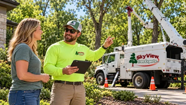 Illustration of a property owner and worker discussing a tree estimate