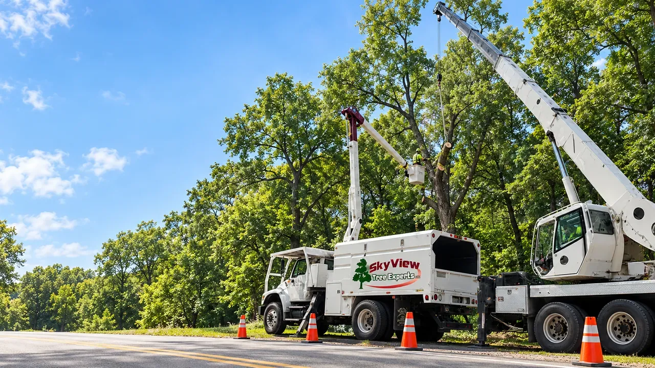 Illustration of tree-work equipment beside a wooded road