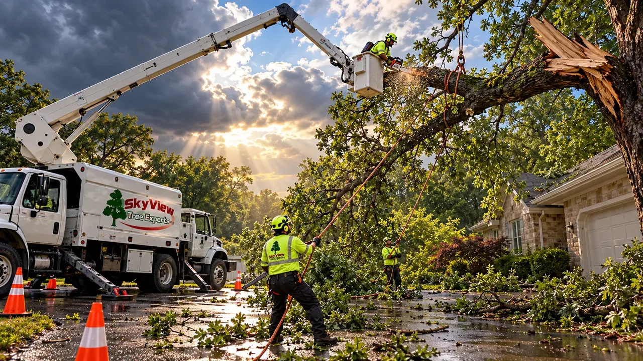 Illustration of equipment and a work area beneath storm clouds