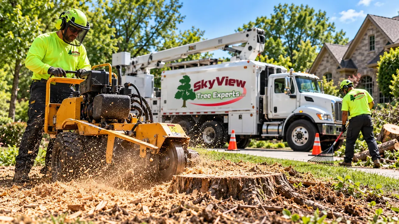 Illustration of stump-grinding equipment and wood chips