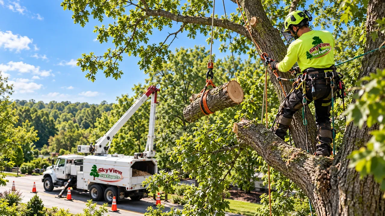 Illustration of a worker pruning a tree with equipment below