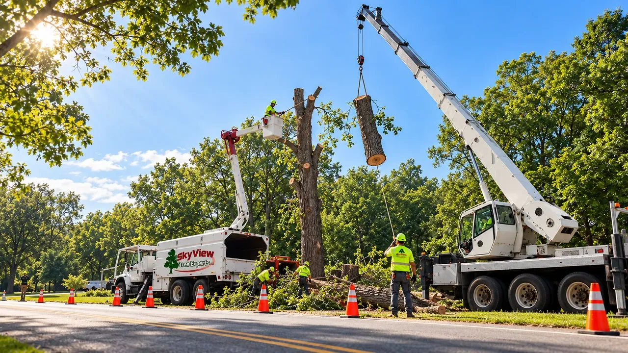 Illustration of crane and bucket-truck access around a tree